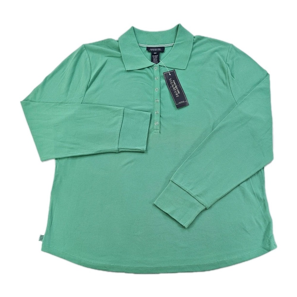 Jones New York Women's Signature Polo Shirt 2XL Green Long Sleeve Stretch 6 Snap